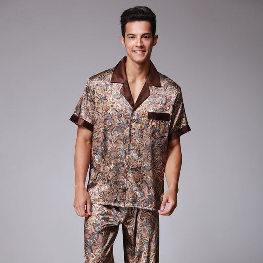 Men's Pajamas 2-Piece Set Satin Silk Rayon Printed Short Sleeves Nightgown For Casual Home Bath Robe Men Sleepwear Suits