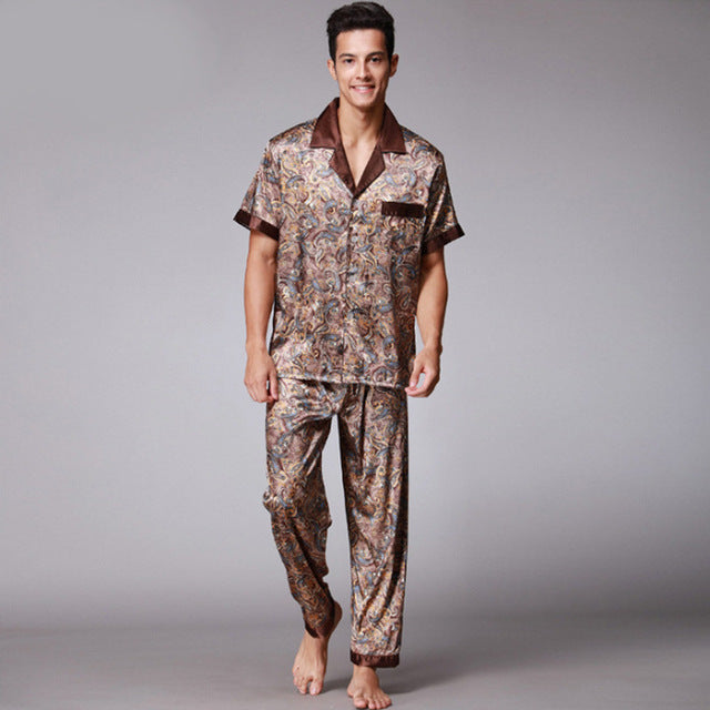 Men's Pajamas 2-Piece Set Satin Silk Rayon Printed Short Sleeves Nightgown For Casual Home Bath Robe Men Sleepwear Suits