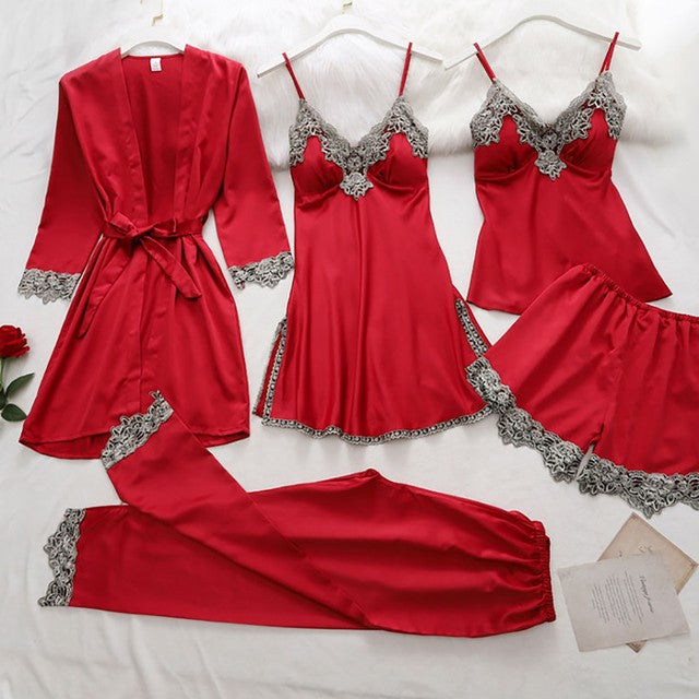 Nightwear Pajama Pjs Satin Lace 5Pcs Sexy Cami Women‘s Set Set Silky Pajama Sleepwear With Robe Intimates intimates accesorios