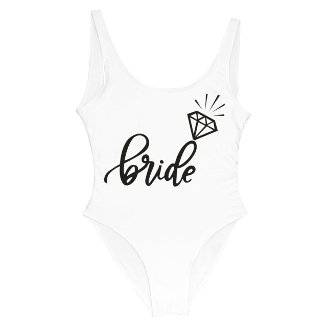 Bride Tribe Print One Piece Swimsuit For Women  Bathing suit Female Lining Bikini Wedding Party Backless Beachwear Bikini