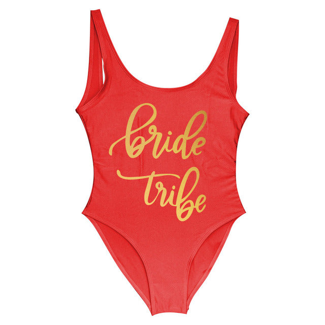 Bride Tribe Print One Piece Swimsuit For Women  Bathing suit Female Lining Bikini Wedding Party Backless Beachwear Bikini