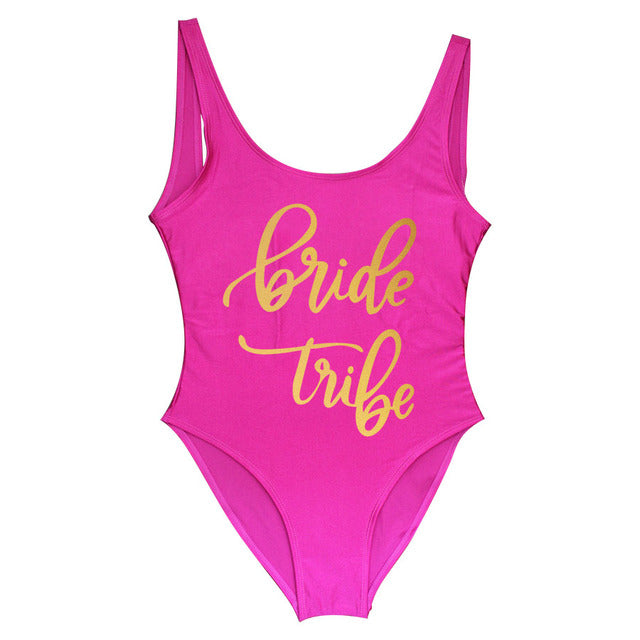 Bride Tribe Print One Piece Swimsuit For Women  Bathing suit Female Lining Bikini Wedding Party Backless Beachwear Bikini