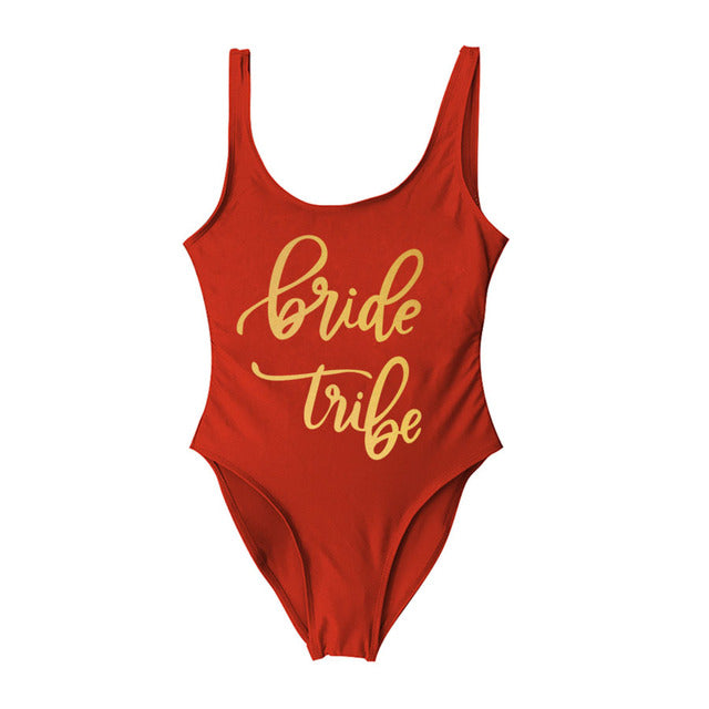 Bride Tribe Print One Piece Swimsuit For Women  Bathing suit Female Lining Bikini Wedding Party Backless Beachwear Bikini