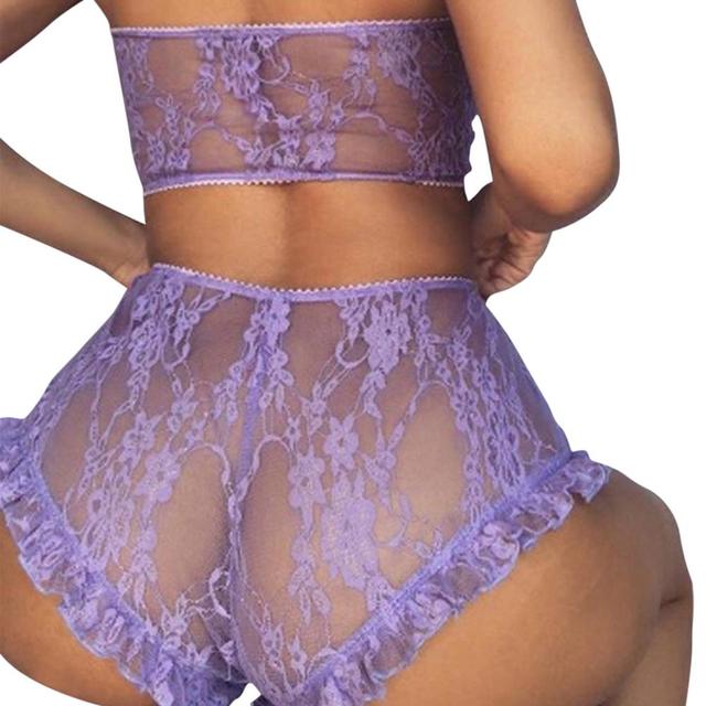 2 PCS Lady See-through Sexy Lingerie Set Solid Color Lace Bra Top Perspective Lace Underpants Sexy Nightwear Lingerie
