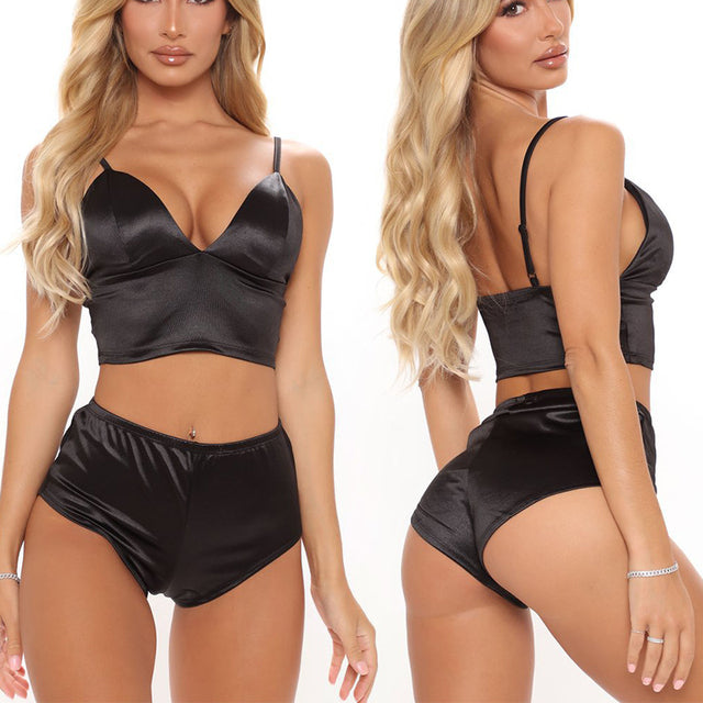 Women Two Piece Set Tops And Shorts 2 Piece Sets Summer Sexy Pantsuits Slim Lingerie Satin High Waist Shorts Suits Sexy Outfits