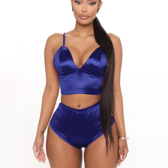 Women Two Piece Set Tops And Shorts 2 Piece Sets Summer Sexy Pantsuits Slim Lingerie Satin High Waist Shorts Suits Sexy Outfits