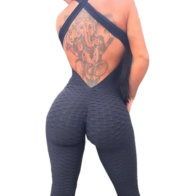 New Fitness Women Yoga Set Gym Running Sports Suit Black Backless Bandage Jumpsuit Sleeveless Gym Clothing Dance Workout Clothes