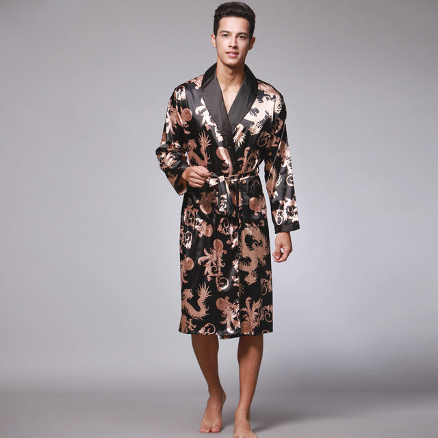 Men Robe Kimono Satin silk Men Bathrobe Long Sleeve Print Sleepwear For Casual Home Nightwear Bath Robe Man Nightgown Size L-3XL