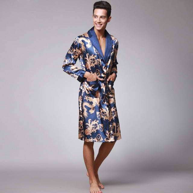 Men Robe Kimono Satin silk Men Bathrobe Long Sleeve Print Sleepwear For Casual Home Nightwear Bath Robe Man Nightgown Size L-3XL