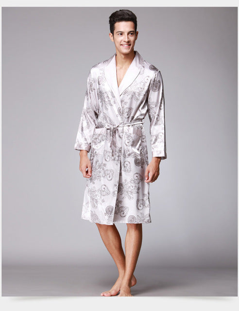 Men Robe Kimono Satin silk Men Bathrobe Long Sleeve Print Sleepwear For Casual Home Nightwear Bath Robe Man Nightgown Size L-3XL