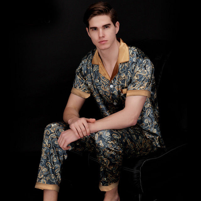 Men&#39;s Pajamas 2-Piece Set Satin Silk Rayon Printed Short Sleeves Nightgown For Casual Home Bath Robe  Men Sleepwear Suits