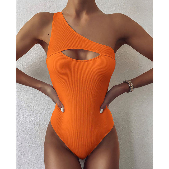 Sexy One Shoulder One Piece Swimsuit Women Solid White Cut Out Swimwear 2022 New Ribbed Monokin Brazilian Bathing Suit Beachwear