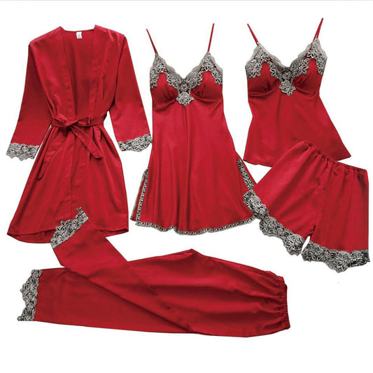 Nightwear Pajama Pjs Satin Lace 5Pcs Sexy Cami Women‘s Set Set Silky Pajama Sleepwear With Robe Intimates intimates accesorios